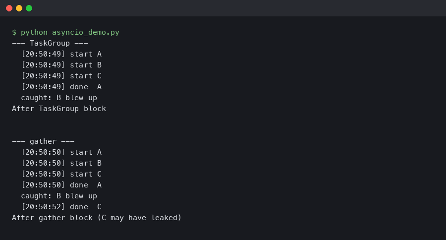 Terminal output comparing TaskGroup and gather behavior on a failing task