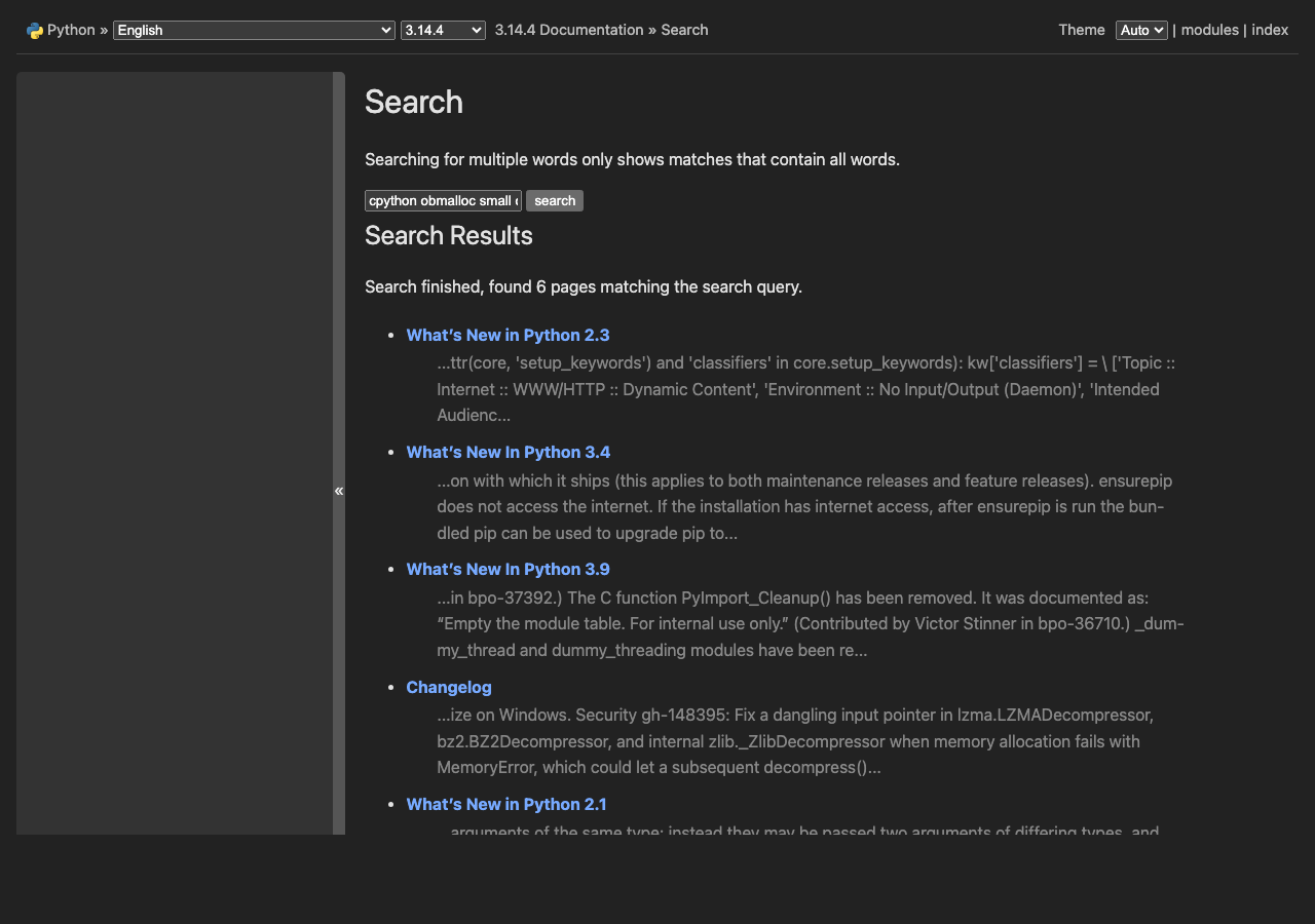 Official documentation for cpython obmalloc small object allocator internals