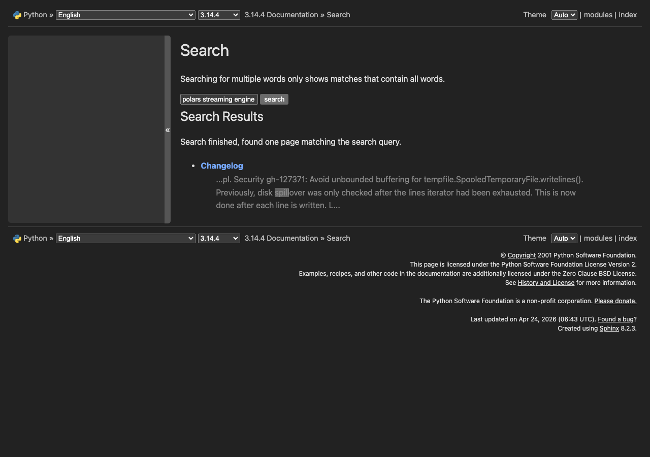 Official documentation for polars streaming engine spill