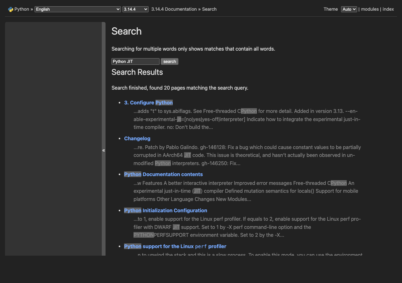 Official documentation for Python JIT
