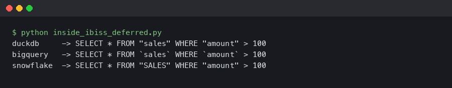 Terminal output for Inside Ibis's Deferred Expression Engine: How One API Targets DuckDB, BigQuery, and Snowflake