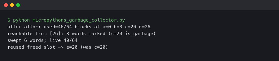 Terminal output for How MicroPython's Garbage Collector Survives on 256KB: A Mark-Sweep Walkthrough on the RP2040